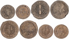 Lote 4 monedas 2 (2) y 5 Soles (2). 1793. ASEDIO DE MAYENCE. AE. A EXAMINAR. Gad-66 (2), 67 (2). MBC-.