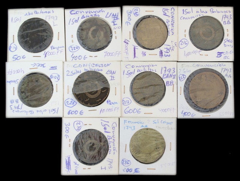 Lote 10 monedas 1 (7) y 2 Soles (3). 1793. VARIAS CECAS. Br. 1 Sol (L, BB (3), W...