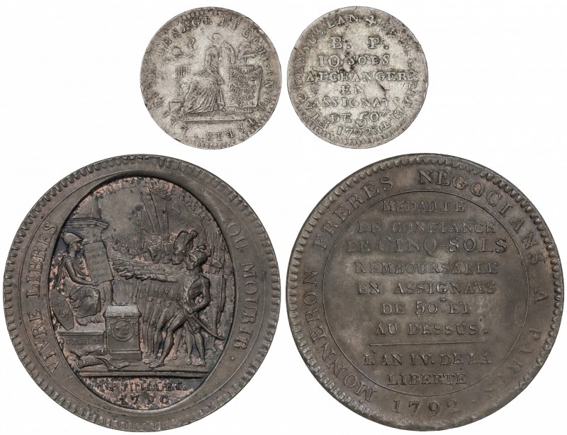 Lote 2 monedas 5 y 10 Sols. 1792. MONNERON FRERES Y LEFEVRE, LESAGE ET COMP. AE ...