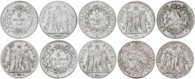 Lote 5 monedas 5 Francos. An 4, 5 (2), 6 y 7-A. I REPÚBLICA. PARÍS. AR. A EXAMINAR. KM-639.1. BC a MBC-.