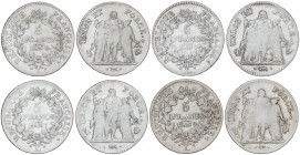 Lote 4 monedas 5 Francos. An 7 (2), 8 y 9-L. I REPÚBLICA. BAYONA. AR. A EXAMINAR. KM-639.6. BC+ a MBC-.