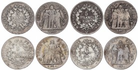 Lote 4 monedas 5 Francos. AN 5-A, 6-A, 7-A y 9-Q. I REPÚBLICA. PARÍS (3) y PERPIGNAN. AR. KM-639.1, 639.8. BC+.