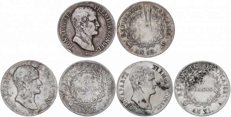 Lote 3 monedas 5 Francos. An XI-A y 12-A y M. BONAPARTE PREMIER CONSUL. PARÍS (2...