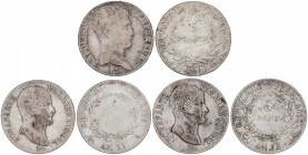 Lote 3 monedas 5 Francos. AN XI-A, 12-A y 13-M. BONAPARTE PREMIER CONSUL y I REPÚBLICA. PARÍS (2) y TOULOUSE. AR. KM-650.1, 659.1, 694.10. BC+ a MBC-....