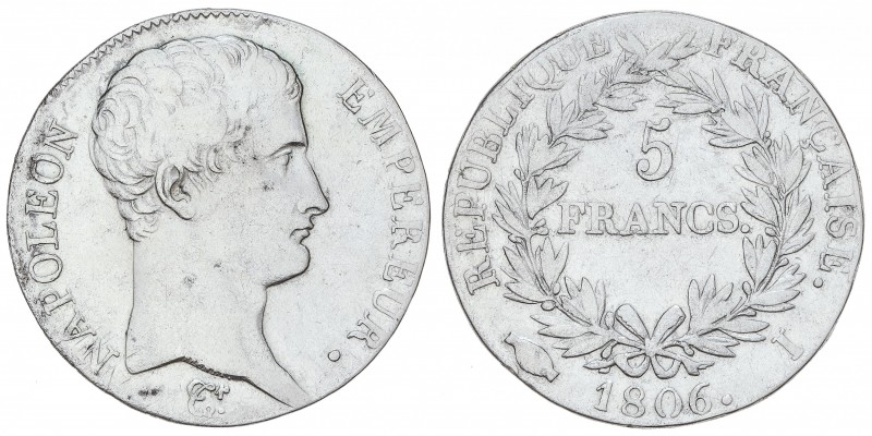 5 Francos. 1806-I. NAPOLEÓN EMPEREUR. LIMOGES. 24,70 grs. AR. (Limpiada). ESCASA...