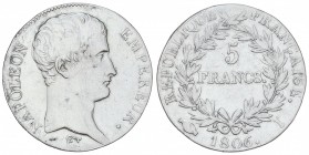 5 Francos. 1806-I. NAPOLEÓN EMPEREUR. LIMOGES. 24,70 grs. AR. (Limpiada). ESCASA. KM-673.1. (MBC-).
