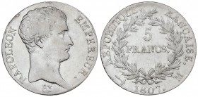 5 Francos. 1807-M. NAPOLEÓN EMPEREUR. TOULOUSE. 24,97 grs. AR. (Golpecitos). ESCASA. KM-673.9. (MBC-).