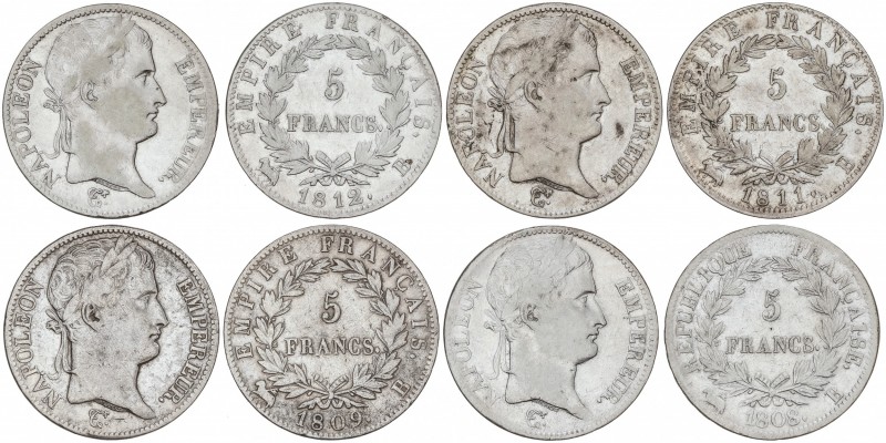 Lote 4 monedas 5 Francos. 1808, 1809, 1811 y 1812-B. NAPOLEÓN EMPEREUR. ROUEN. A...