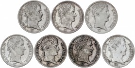 Lote 7 monedas 5 Francos. 1808, 1809 (2), 1810, 1811, 1812 y 1813-A. NAPOLEÓN EMPEREUR. PARÍS. AR. A EXAMINAR. KM-686.1, 694.1(6). BC+ a MBC.