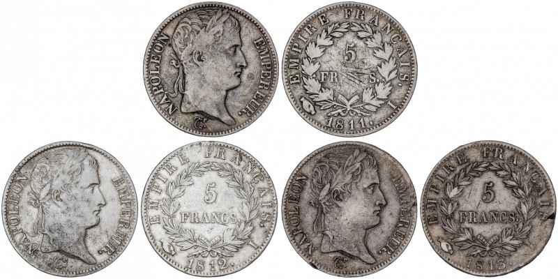 Lote 3 monedas 5 Francos. 1811, 1812 y 1813-I. NAPOLEÓN EMPEREUR. LIMOGES. AR. A...