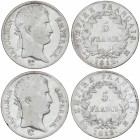 Lote 2 monedas 5 Francos. 1812 y 1813-M. NAPOLEÓN EMPEREUR. TOULOUSE. AR. KM-694.10. BC+ y MBC-.