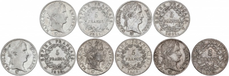 Lote 5 monedas 5 Francos. 1811-T, 1812-T, 1811-W, 1812-W y 1813-W. NAPOLEÓN EMPE...