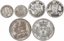 Lote 3 monedas 12, 30 Sols y 5 Francos. 1727-BB, 1792-I y 1814-W. LUIS XV, XVI y XVIII. ESTRASBURGO, LILLE y LIMOGES. AR. KM-481.4, 606.7, 702.13. MBC...
