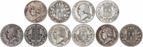 Lote 5 monedas 5 Francos. 1816-L, 1818-B, 1821-A y 1822-A, B. LUIS XVIII. BAYONA, PARÍS (2) y ROUEN (2). AR. KM-711.1, 711.2, 711.8. BC+ a MBC-.