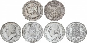 Lote 3 monedas 5 Francos. 1814, 1817 y 1822-K. LUIS XVIII. BURDEOS. AR. A EXAMINAR. KM-702.7, 711.7. MBC-.