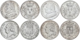Lote 4 monedas 5 Francos. 1814, 1815, 1817 y 1823-L. LUIS XVIII. BAYONA. AR. A EXAMINAR. KM-702.8 (2), 711.8 (2). BC+ a MBC-.
