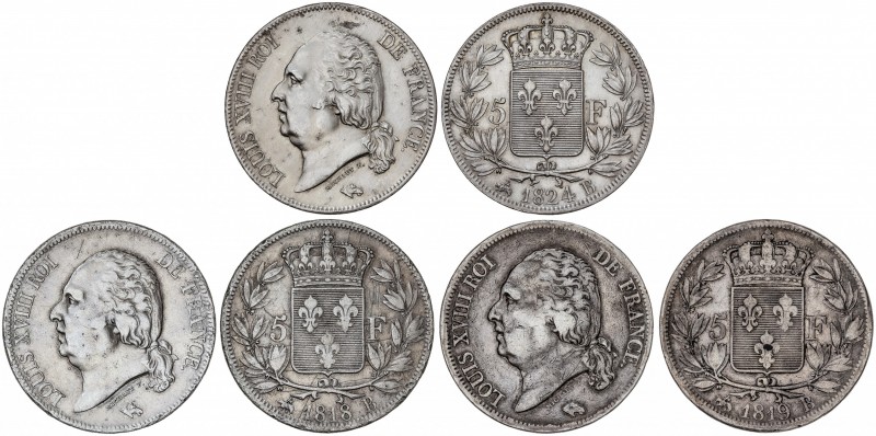 Lote 3 monedas 5 Francos. 1818, 1819 y 1824-B. LUIS XVIII. ROUEN. AR. A EXAMINAR...