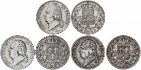 Lote 3 monedas 5 Francos. 1818, 1819 y 1824-B. LUIS XVIII. ROUEN. AR. A EXAMINAR. KM-711.2. MBC- a MBC+.