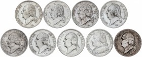 Lote 9 monedas 5 Francos. 1814, 1816, 1817, 1820, 1821, 1822 (2), 1823 y 1824-A. LUIS XVIII. PARÍS. AR. A EXAMINAR. KM-702.1, 711.1 (8). BC a MBC-.
