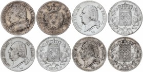 Lote 4 monedas 5 Francos. 1824-D, 1823-H, 1815-I y 1824-I. LUIS XVIII. LA ROCHELLE, Limoges (2), Lyon. AR. A EXAMINAR. KM-702.6, 711.4, 711.5, 711.6. ...