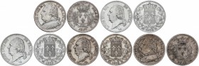 Lote 5 monedas 5 Francos. 1814, 1815, 1816, 1823 y 1824-M. LUIS XVIII. TOULOUSE. AR. A EXAMINAR. KM-702.9 (2), 711.9 (3). MBC- a MBC.