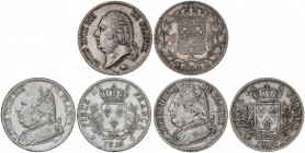 Lote 3 monedas 5 Francos. 1814,1815 y 1824-Q. LUIS XVIII. PERPIGNAN. AR. A EXAMINAR. KM-702.11 (2), 711.11. MBC- a MBC+.