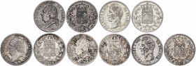 Lote 5 monedas 5 Francos. 1823-L, Q, 1824-D, 1826-A y 1827-A. LUIS XVII y CARLOS X. BAYONA, LYON, PARÍS (2) y PERPIGNAN. AR. KM-711. 4,711.8, 711.11, ...