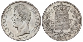 5 Francos. 1827-H. CARLOS X. LA ROCHELLE. 24,89 grs. AR. (Ligeros golpecitos). ESCASA. KM-728.5. MBC+/EBC-.
