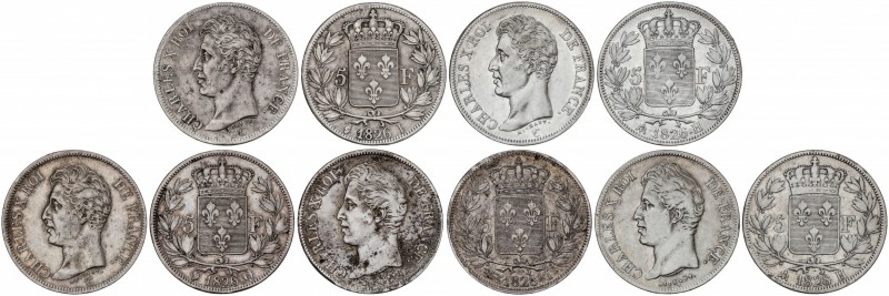 Lote 5 monedas 5 Francos. 1826-I, 1826-Q, 1826-H (2) y 1828-T. CARLOS X. LA ROCH...