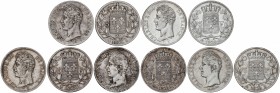 Lote 5 monedas 5 Francos. 1826-I, 1826-Q, 1826-H (2) y 1828-T. CARLOS X. LA ROCHELLE (2), LIMOGES, NANTES, PERPIGNAN. AR. A EXAMINAR. KM-720.5 (2), 72...