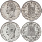 Lote 2 monedas 5 Francos. 1827 y 1829-BB. CARLOS X. ESTRASBURGO. AR. A EXAMINAR. KM-728.3. MBC a MBC+.