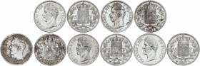 Lote 5 monedas 5 Francos. 1827 (3), 1828 y 1829-L. CARLOS X. BAYONA. AR. A EXAMINAR. KM-728.8. MBC- a MBC.