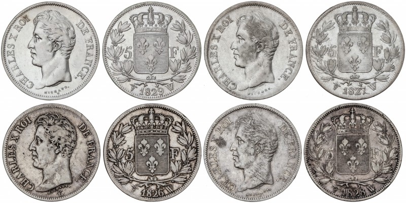 Lote 4 monedas 5 Francos. 1826, 1827, 1828 y 1829-W. CARLOS X. LILLE. AR. A EXAM...