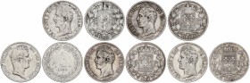 Lote 5 monedas 5 Francos. 1827-W, 1828-L, 1829-BB y 1830-A (2). CARLOS X y LUIS FELIPE I. AR. KM-728.1, 728.13, 728.3, 728.8, 735.1. BC+ a MBC-.