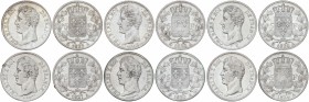 Lote 6 monedas 5 Francos. 1825, 1826, 1827, 1828, 1829 y 1830-A. CARLOS X. PARÍS. AR. A EXAMINAR. KM-720.1 (2), 728.1 (4). MBC- a MBC+.