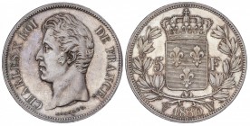 5 Francos. 1830-W. CARLOS X. LILLE. 25,02 grs. AR. (Leves rayitas). Bella. Brillo original. Ligera pátina. RARA ASÍ. KM-728.13. EBC+.