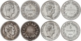 Lote 4 monedas 5 Francos. 1830-I y 1831-I (3). LUIS FELIPE I. LIMOGES. AR. A EXAMINAR. KM-735.6. BC a MBC.