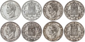 Lote 4 monedas 5 Francos. 1827, 1828, 1829 y 1830-B. CARLOS X. ROUEN. AR. A EXAMINAR. KM-728.2. MBC a MBC+.