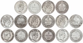 Lote 8 monedas 5 Francos. 1830-A, 1831-A, B, K, 1832-D, 1833-B, 1834-W y 1835-A. LUIS FELIPE I. BURDEOS, LILLE, LYON, PARÍS (3) y ROUEN (2). AR. A EXA...