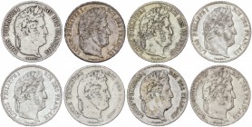 Lote 8 monedas 5 Francos. 1835-M, W, 1836-B, 1837-A, W, 1838-W, 1839-B y 1840-A. LUIS FELIPE I. LILLE (3), PARÍS (2), ROUEN (2) y TOULOUSE. AR. A EXAM...