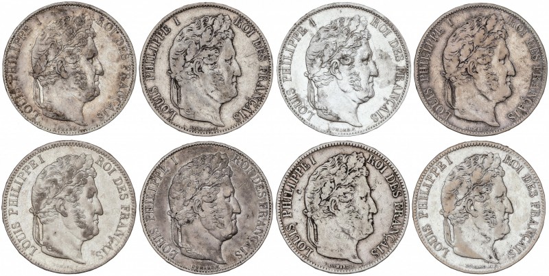 Lote 8 monedas 5 Francos. 1841-A, 1842-B, 1843-B, 1844-W, 1845-W, 1846-BB, 1847-...