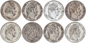 Lote 8 monedas 5 Francos. 1841-A, 1842-B, 1843-B, 1844-W, 1845-W, 1846-BB, 1847-A y 1848-A. LUIS FELIPE I. ESTRASBURGO, LILLE (2), PARÍS (3) y ROUEN (...