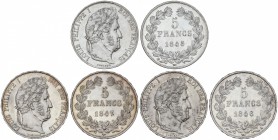 Lote 3 monedas 5 Francos. 1845-K, 1846-A y 1847-A. LUIS FELIPE I. BURDEOS y PARÍS (2). AR. A EXAMINAR. KM-749.1 (2), 749.7. EBC- a EBC.