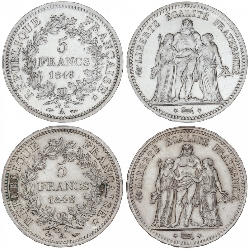 Lote 2 monedas 5 Francos. 1848 y 1849-A. II REPÚBLICA. PARÍS. AR. (Leves golpeci...