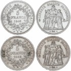 Lote 2 monedas 5 Francos. 1848 y 1849-A. II REPÚBLICA. PARÍS. AR. (Leves golpecitos en canto). A EXAMINAR. KM-756.1. EBC.
