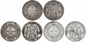 Lote 3 monedas 5 Francos. 1848-K, 1848-BB y 1849-BB. II REPÚBLICA. BURDEOS y ESTRASBURGO (2). AR. A EXAMINAR. KM-756.2 (2), 756.4. MBC- a MBC+.