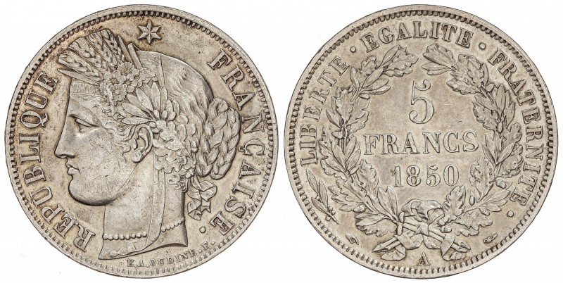 5 Francos. 1850-A. II REPÚBLICA. PARÍS. 24,80 grs. AR. (Golpecitos). KM-761.1. E...