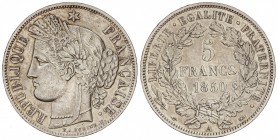 5 Francos. 1850-A. II REPÚBLICA. PARÍS. 24,80 grs. AR. (Golpecitos). KM-761.1. EBC-.