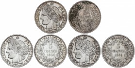 Lote 3 monedas 5 Francos. 1849, 1850 y 1851-A. II REPÚBLICA. PARÍS. AR. A EXAMINAR. KM-761.1. MBC a EBC-.