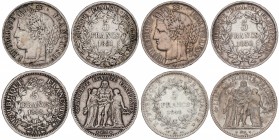 Lote 4 monedas 5 Francos. 1848-A, 1849-A, 1850-A y 1851-A. II REPÚBLICA. PARÍS. AR. KM-756.1, 761.1. MBC- a MBC.